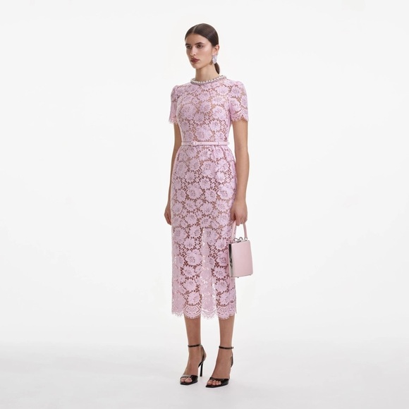 NEW Self-Portrait Fine Lace Pearl Midi Dress in Pink | UK 10 / US 6 - Picture 6 of 16